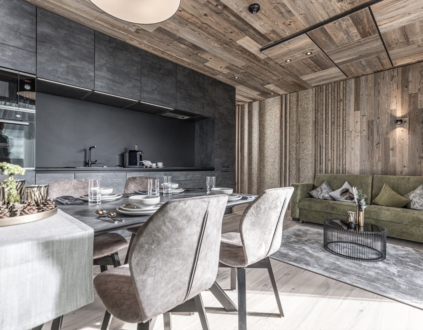 The dining area and living room together